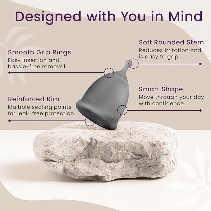 EcoBlossom Reusable Menstrual Cup and Case - The Most Reliable Medical Grade Silicone Period Cups - Comfortably use for 12 Hours (Small (Pack of 2), Gray Cup & Case)