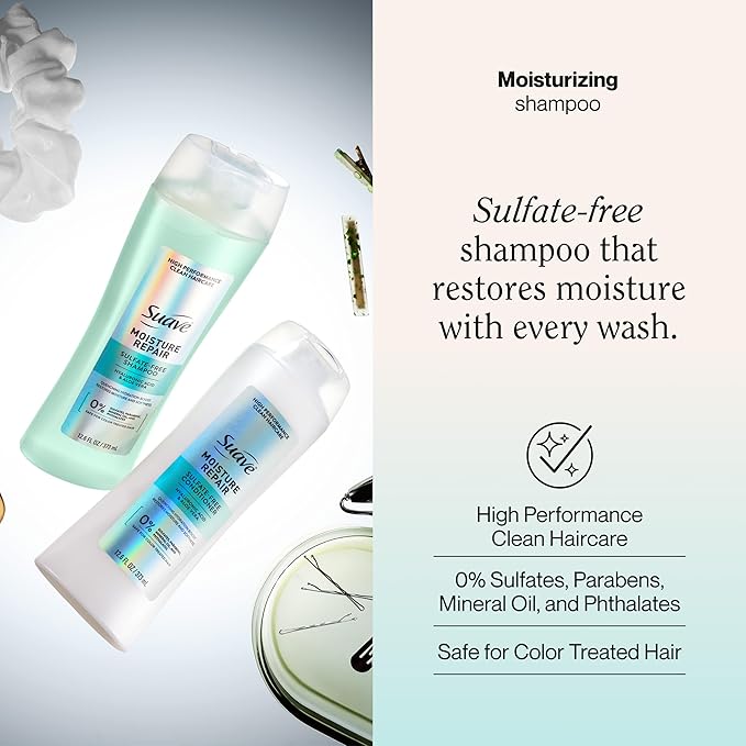 Suave Moisture Repair Sulfate-Free Shampoo with Hyaluronic Acid & Aloe Vera, Hydrates & Restores Dry, Damaged Hair, 6 Count, 12.6 FL OZ