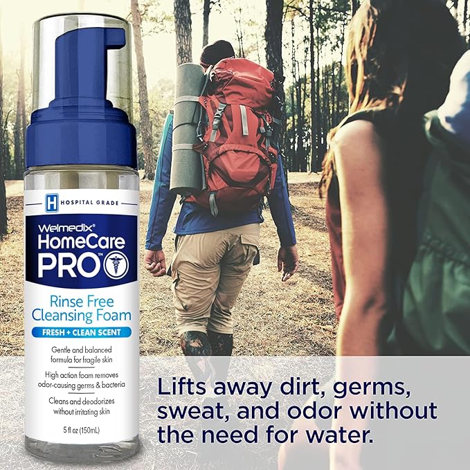 Welmedix HomeCare PRO No Rinse Body Wash Cleansing Foam, easier cleansing for caregivers managing incontinence, pressure ulcers, bedsores + use with adult wipes, disposable washcloth (5oz)