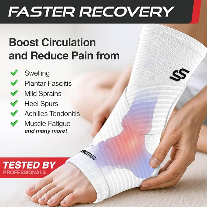 Sleeve Stars Ankle Brace for Women & Men, Ankle Wrap for Sprained Ankle, Compression Sleeve for Plantar Fasciitis Relief, Easy Customizable Support: w/Removable Strap (Single/L:12"-13"/White)