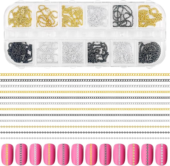 12 Strips Metal Nail Art Chains, 3D Gold Silver Dark Gray Punk Gothic Nail Chain Charms, Jewelry DIY Manicure Decorations, Gems Studs Accessories with Storage Box for Women Girls, Easy to Apply