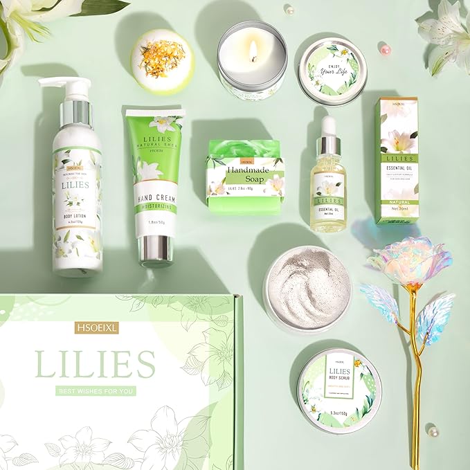Gifts for Women, Birthday Gifts for Women, Bath and Body Gifts Set, Lilies Self Care Set,Christmas Mothers Day Relaxing Spa Basket for Mom, Grandma, Girlfriend, Sister, Friends