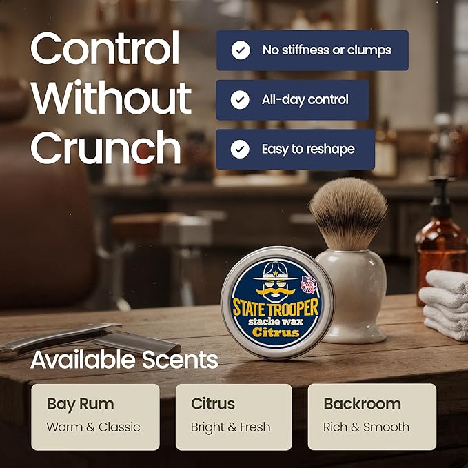 Medium Hold Mustache Wax with Beeswax, Coconut Oil & Lanolin – Natural Moustache Grooming & Styling Wax with Citrus Scent - Nourishing Mustache Conditioner & Sculpting Wax