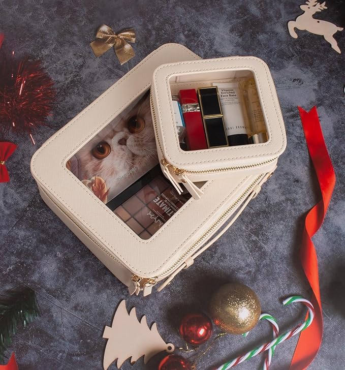 LETGO Clear Makeup Bag Organizer, Travel Toiletry Bag Cosmetic Case for Women, Portable Make Up Skincare Pouch Car Organizer Bag with Zippers for Essentials(Large-Beige)