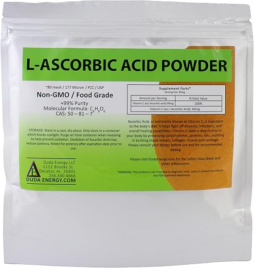 Duda Energy asc08oz Bag of L-Ascorbic Acid Powder 99+% Food Grade USP36/BP2012 Naturally Fermented Pure White Crystals Form of Vitamin C, 8 oz.