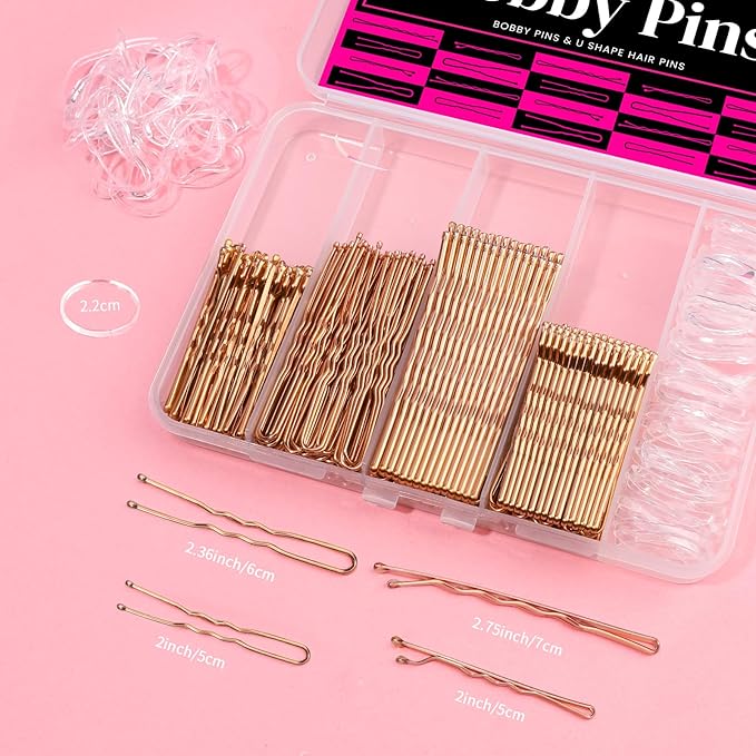 Teenitor 300pcs Bobby Pins Rose Gold Hair, 100 Bobby Pins 100 Hair Pins for Women 100 Hair Bands Kit, Hair Pins for Buns 2" 2.36" 2.75" Rose Gold