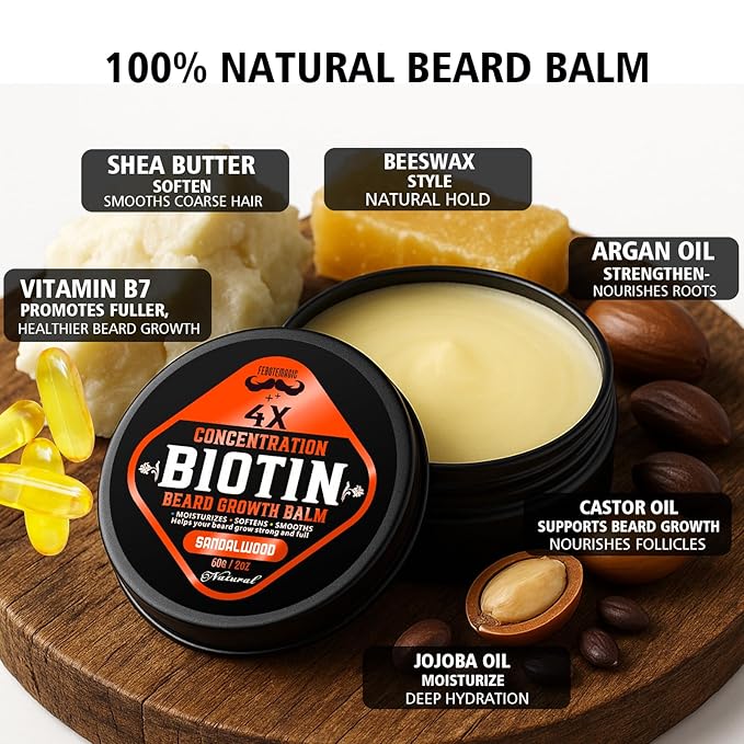 Biotin Beard Growth Balm for Men – Conditioning Balm with Castor, Shea & Jojoba Oils to Condition, Soften & Thicken Facial Hair – Non-Greasy, Sandalwood Scent – 2 oz Grooming Kit