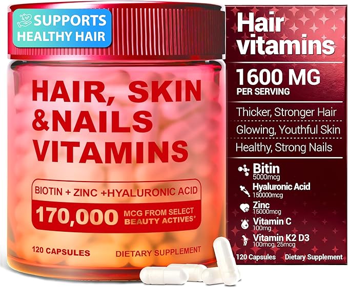 Kereeao Biotin Supplement for Hair, Skin and Nails - Support Healthy Hair Growth for Women & Men - Strong Nails & Radiant Skin - with Biotin, Hyaluronic Acid, Vitamin C, D3 & K2-120 Capsules (1 Pack)