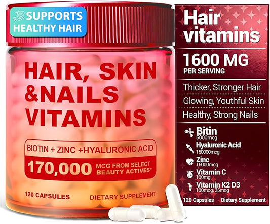 Kereeao Biotin Supplement for Hair, Skin and Nails - Support Healthy Hair Growth for Women & Men - Strong Nails & Radiant Skin - with Biotin, Hyaluronic Acid, Vitamin C, D3 & K2-120 Capsules (1 Pack)