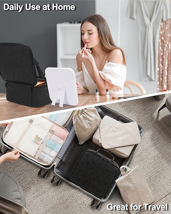 Relavel Travel Makeup Bag With LED Mirror for Women, Cosmetic Organizer Bag with Adjustable Brightness in 3 Color Scenarios, Detachable Dividers, Waterproof Train Case for Daily - Black Strip