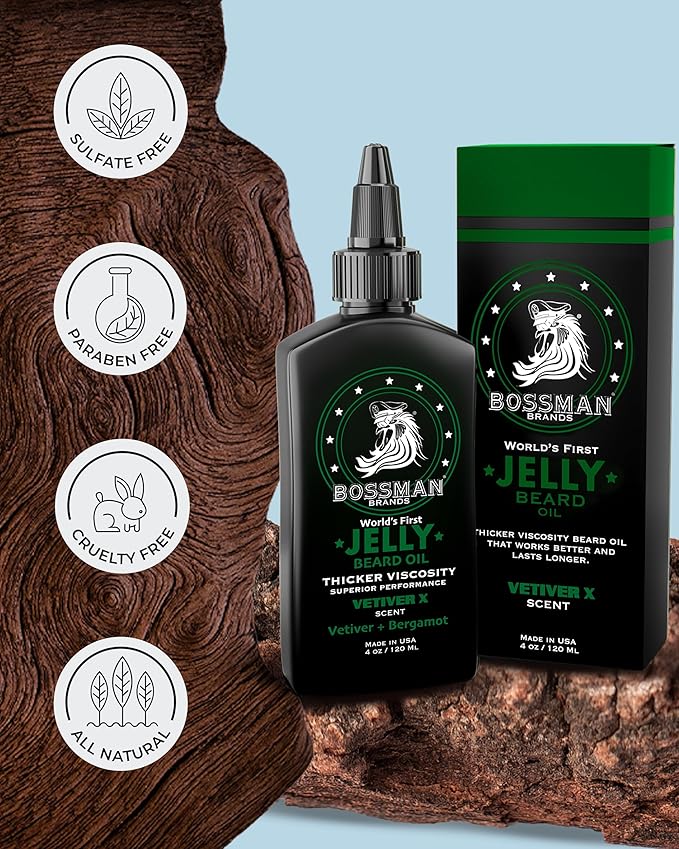 Bossman Jelly Beard Oil for Men - 3 Pack (12 oz in Total, Vetiver X Scent) – Softens, Moisturizes & Conditions with Natural Ingredients