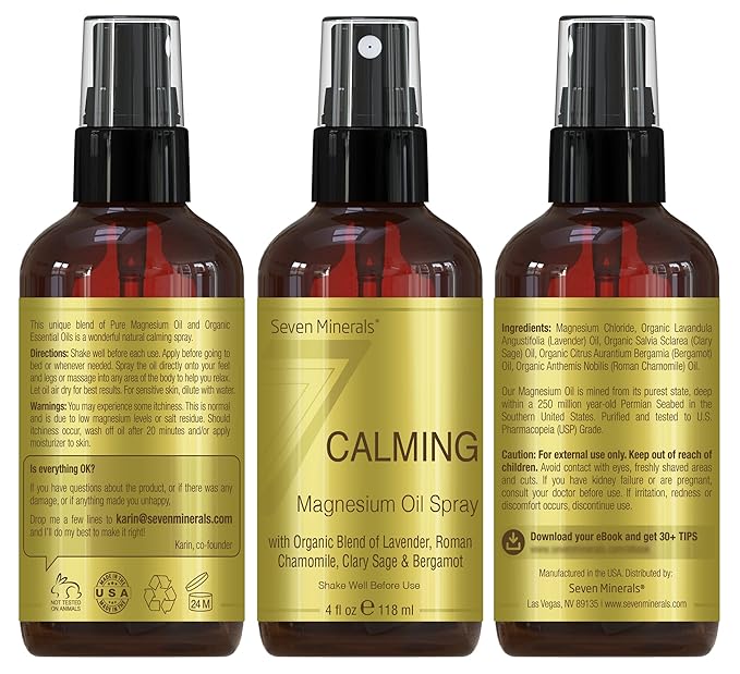 Seven Minerals Calming Magnesium Spray | 100 Percent Natural Essential Oils Blend - Made in USA (Lavender, Roman Chamomile, Clary Sage, and Bergamot) || eBook Included (New)