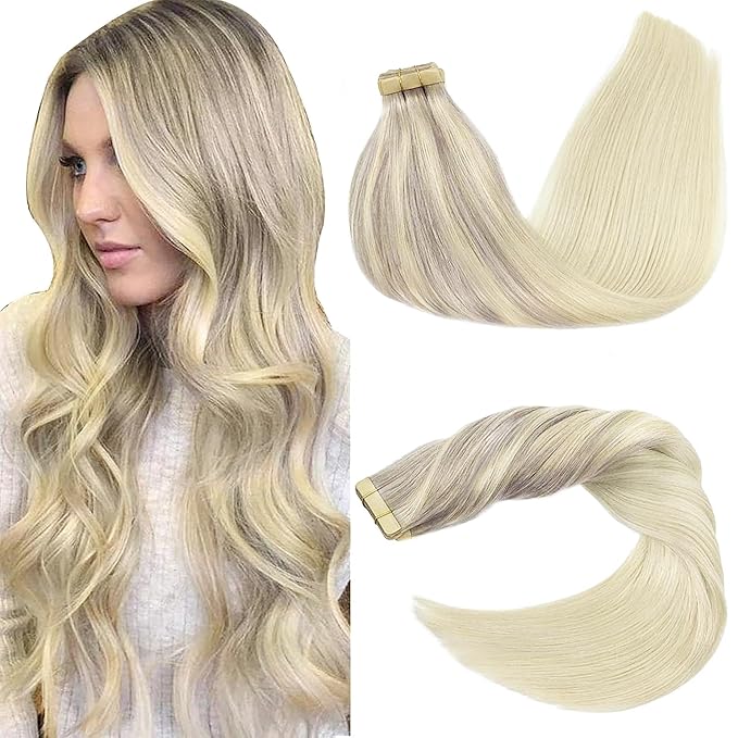 GOO GOO Tape in Hair Extensions Human Hair, 17/22/60 Ash Blonde to Golden Blonde and Platinum Blonde, 16inch 50g 20pcs, Skin Weft Seamless Invisible, Silky Straight with Thick Ends, Remy Human Hair