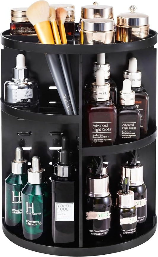 360 Rotating Makeup Organizer,DIY Adjustable Spinning Holder,Foldable Cosmetic Storage Display box,Large Capacity Make up Caddy Shelf,Fits Countertop Vanity and Bathroom (BLACK)