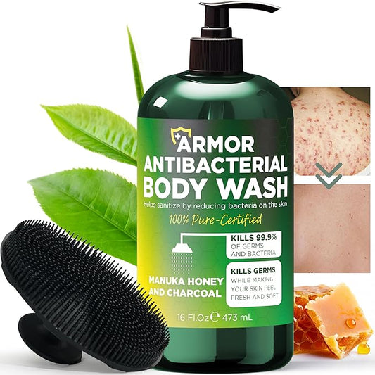 Antibacterial Body Wash | Antibacterial Soap for Men & Women | Kills 99.9% of Germs & Bacteria | Helps with Back Acne, Body Odor & Skin Irritation | Manuka Honey & Charcoal | Includes Scrubber16 fl oz