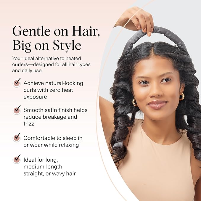 Kitsch Satin Heatless Curling Set – Heatless Curls Overnight with 34" Hair Curler & 2 Satin Scrunchies – Comfortable Hair Curlers to Sleep In for Frizz-Free, No Heat Damage Styling - Charcoal