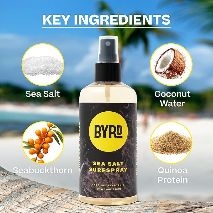Byrd Sea Salt Surfspray, Salty Coconut Scent, Texturizing and Volumizing Sea Salt Spray for Men for Hydrated, Shiny Surfer Hair, Safe for All Hair Types, 8 Fl Oz, Pack of 4