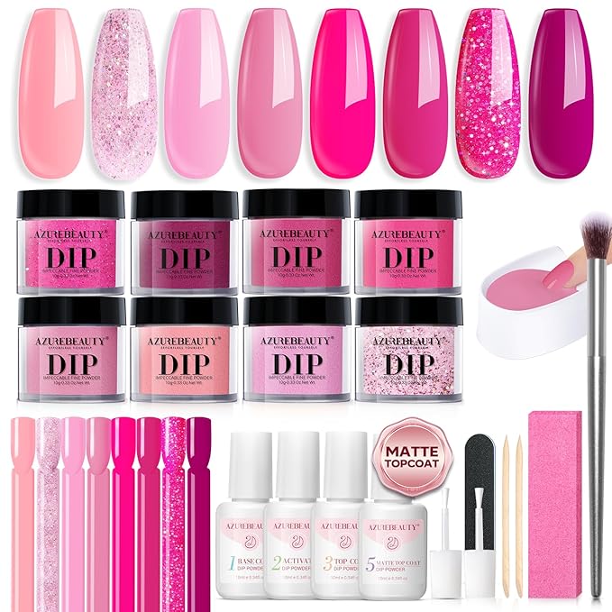 AZUREBEAUTY Dip Powder Nail Starter Kit with Matte Coat, 8 Hot Pink Glitter Neon Summer Color, Dipping Powder Liquid Set with Base/Top Coat/ Activator/10 Nail Sticks Salon at Home Valentine's Day Gift