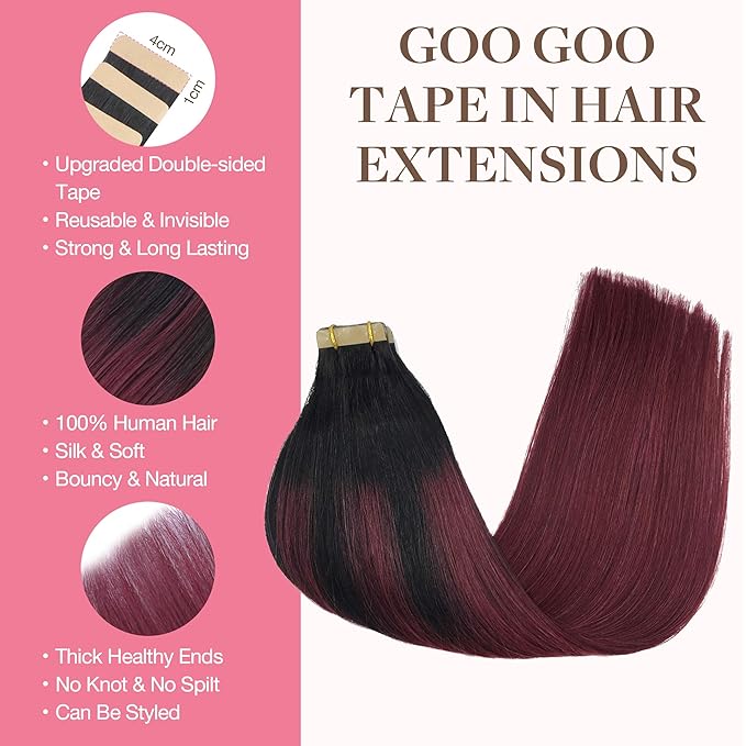 GOO GOO Tape in Hair Extensions Human Hair, 1/99 Balayage Jet Black to Red, 20inch 50g 20pcs, Thick Ends Straight Seamless, Invisible Tape in Hair Extensions