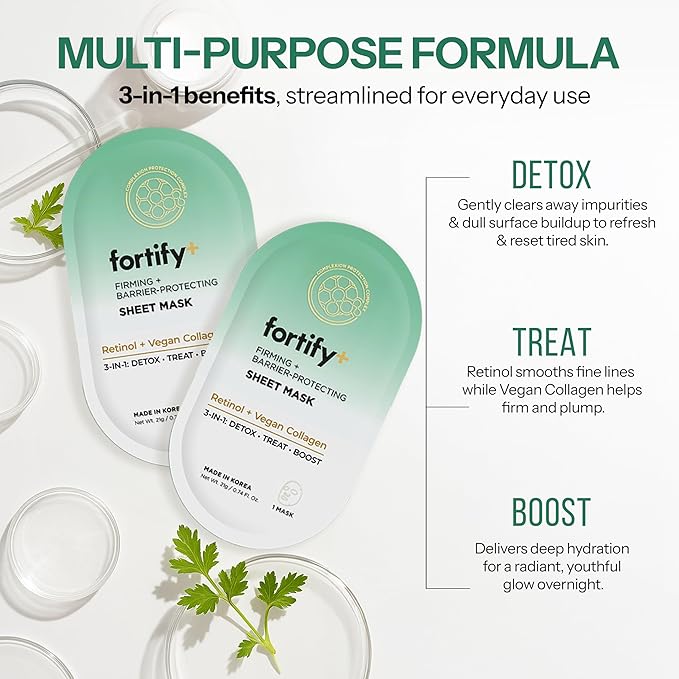 Retinol & Collagen Face Mask – 3-in-1: Detox, Treat, Boost – Hydrating, Firming, Anti-Aging – Dermatologist Tested Korean Skin Care – Clean Beauty Vegan Sheet Mask – 5 Sheets