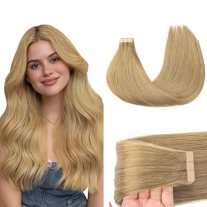 GOO GOO Tape in Hair Extensions Human Hair, 7 Bronde, 16inch 50g 20pcs, Skin Weft Seamless Invisible, Silky Straight with Thick Ends, Remy Human Hair