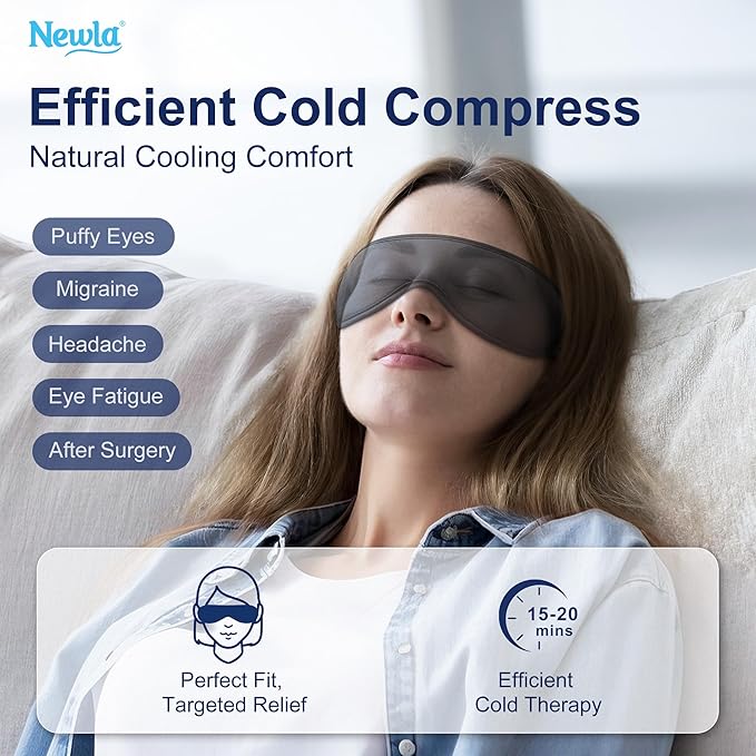 Contoured Cooling Gel Eye Mask: Snug Fit Cold Compress for Puffiness Migraines Dark Circles Sinus Eye Strain - Fits All Head Sizes - Daily Relaxation Beauty Care Travel (Black)