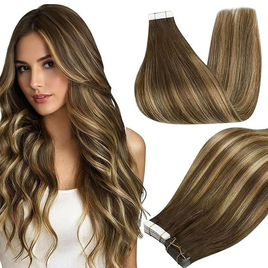 Full Shine Hair Extensions Tape in 16Inch Skin Weft Tape in Hair Extensions Balayage 4 Medium Brown Fading to 24 Honey Blonde And 4 Invisible Tapes in Extension Real Human Hair Straight Hair 50G 20Pcs