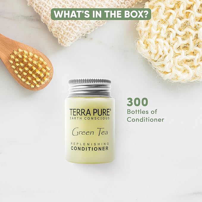 Travel Size Hotel Conditioner 300 Count 1 oz Bottles Guest Amenities for Hotels Vacation Rentals and Short Term Rentals Paraben Free Green Tea Scent Infused with Aloe and Olive Oil by Terra Pure)