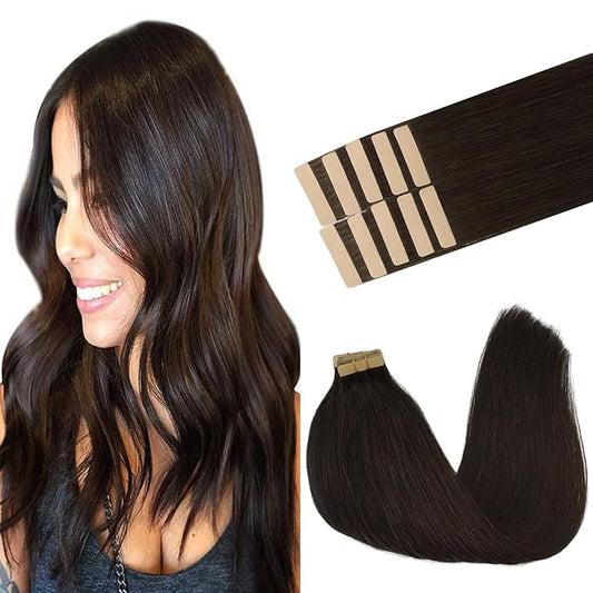GOO GOO Tape in Hair Extensions Human Hair, 2 Dark Brown, 24inch 30g 10pcs, Skin Weft Seamless Invisible, Silky Straight with Thick Ends, Remy Human Hair