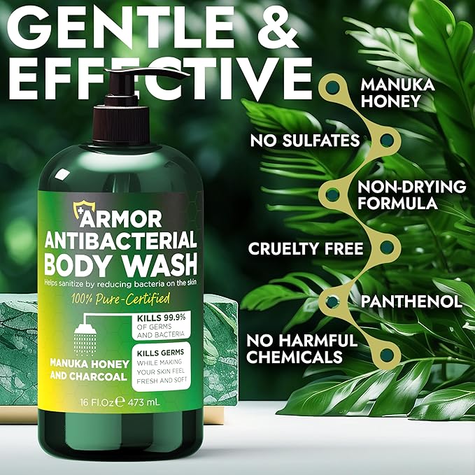 Antibacterial Body Wash | Antibacterial Soap for Men & Women | Kills 99.9% of Germs & Bacteria | Helps with Back Acne, Body Odor & Skin Irritation | Manuka Honey & Charcoal, 16 fl oz