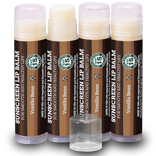 Earth's Daughter SPF Lip Balm 4-Pack - Lip Sunscreen, SPF 15, Organic Ingredients, Vanilla Flavor, Beeswax, Coconut Oil, Vitamin E - Hypoallergenic, Paraben Free, Gluten Free