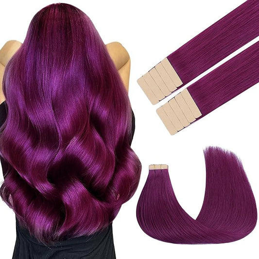 GOO GOO Tape in Hair Extensions Human Hair, Violet, 18inch 25g 10pcs, Colored Tape ins Human Hair Extensions, Silky&Soft Invisible Tape Ins, Hair Highlighted for Party
