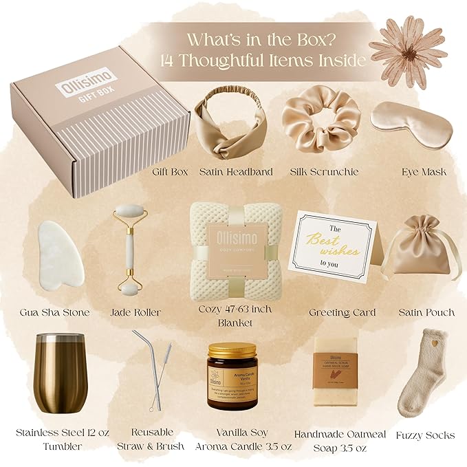 Luxury Gift Basket for Women – Spa Self Care Kit, Hug in a Box, Get Well Soon Package, Thinking of You Gift, Birthday Box, Relaxing Set, Sympathy Present for Her, Mom, Wife, Sister (Ivory)