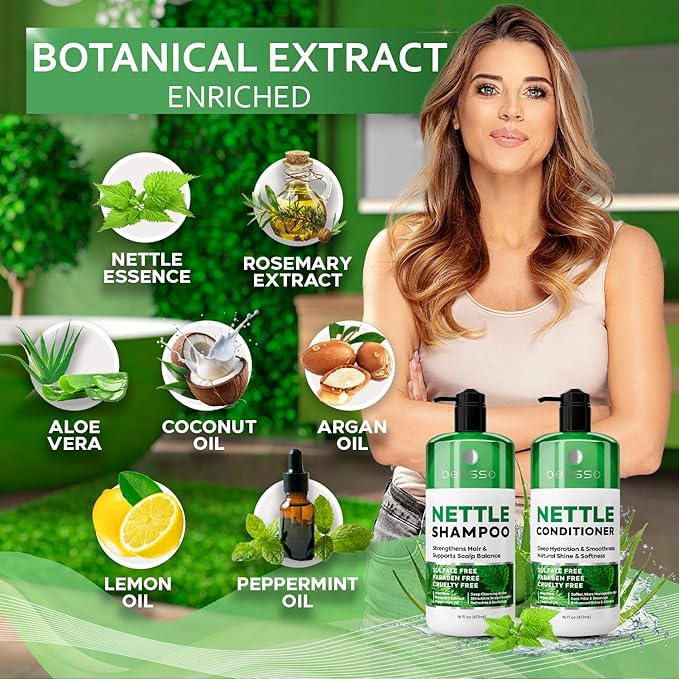 Nettle Shampoo and Conditioner Set - Sulfate Free to Boost Volume - Thickening, Strengthening, Volumizing Formula for Fine and Thinning Hair Women and Men - 16 Fl Oz (Pack of 2)