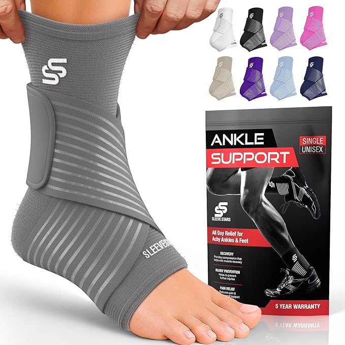 Sleeve Stars Ankle Brace for Women & Men, Ankle Wrap for Sprain, Compression Sleeve for Plantar Fasciitis Relief, Easy Customizable Support: w/ Removable Strap (Single/M:10"-12"/Grey)