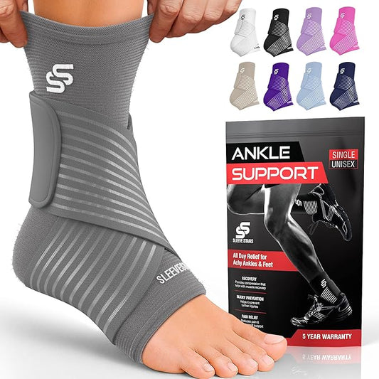 Sleeve Stars Ankle Brace for Women & Men, Ankle Wrap for Sprain, Compression Sleeve for Plantar Fasciitis Relief, Easy Customizable Support: w/ Removable Strap (Single/M:10"-12"/Grey)