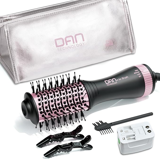 DAN Dual Voltage Hair Dryer Brush, Auto Dual Voltage 110V-120V/220V-240V Travel Hair Dryer Brush,Small Hot Air Brush with Multifunctional Conversion Plug,4 in 1 Blow Dryer Brush and Styler Volumizer