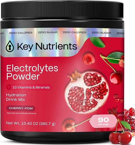KEY NUTRIENTS Multivitamin Electrolytes Powder No Sugar - Sweet Cherry Pom Electrolyte Powder - Endurance & Energy Supplement - Hydration Powder - No Calories - 90 Servings - Made in USA