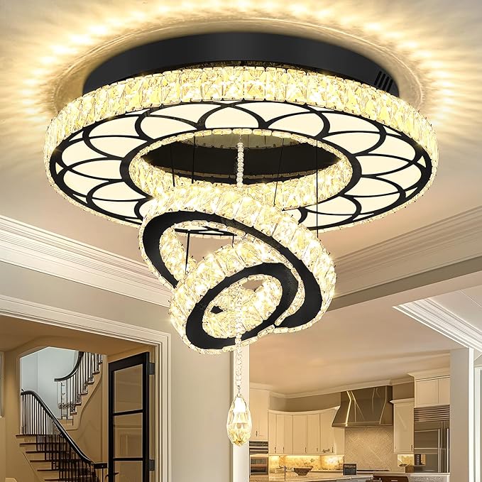 Flashing God Dia 24" Crystal Chandelier Crystal Black Ceiling Light Fixtures LED Flush Mount Ceiling Light for Living Room Bedrooms Dining Room Dimmable 2700k 4500k 6000k