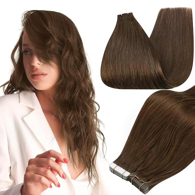 Full Shine Remy Tape in Hair Extensions Human Hair 22 Inch Tape Hair Extension Color 4 Medium Brown Seamless Skin Weft Hair for Women 50G Brazilian Straight Human Hair Extensions Tape ins 20Pcs