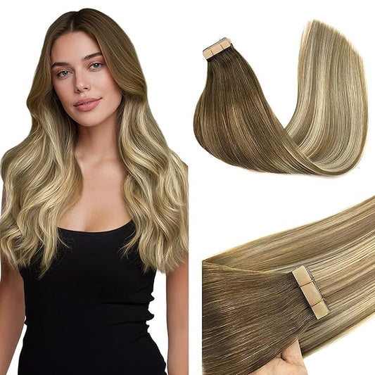 GOO GOO Tape in Hair Extensions Human Hair, 3/8/613 Walnut Brown to Ash Brown and Bleach Blonde, 18inch 50g 20pcs, Skin Weft Seamless Invisible, Silky Straight with Thick Ends, Remy Human Hair