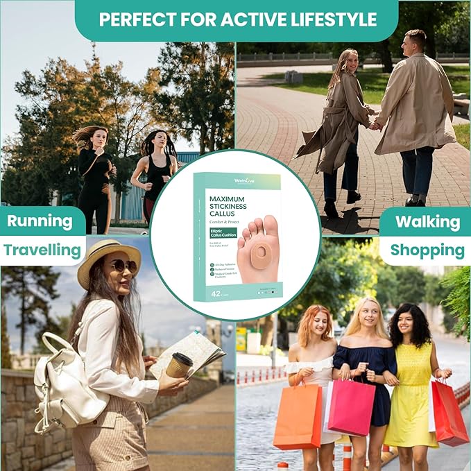 Welnove 42pcs Callus Pad with Water-Resistant Self-Stick Adhesive, Protects Foot, Heel and Toes from Rubbing and Friction,Oval Shape Design,Reduce Pressure and Friction from Shoes Rubbing-Skin Color