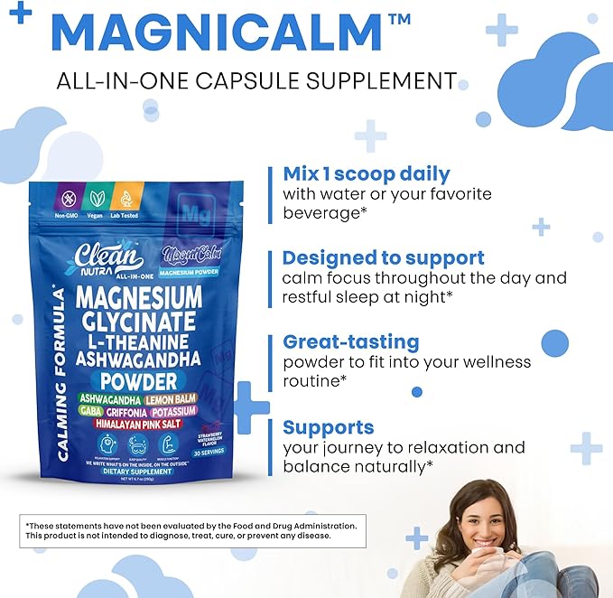 Magnesium Glycinate Powder Supplement + L Theanine Ashwagandha Glycine Apigenin Lemon Balm GABA 5HTP Pink Salt Potassium L Tryptophan Calcium | Powdered Sleep Aid Calm Trace Minerals Vitamin