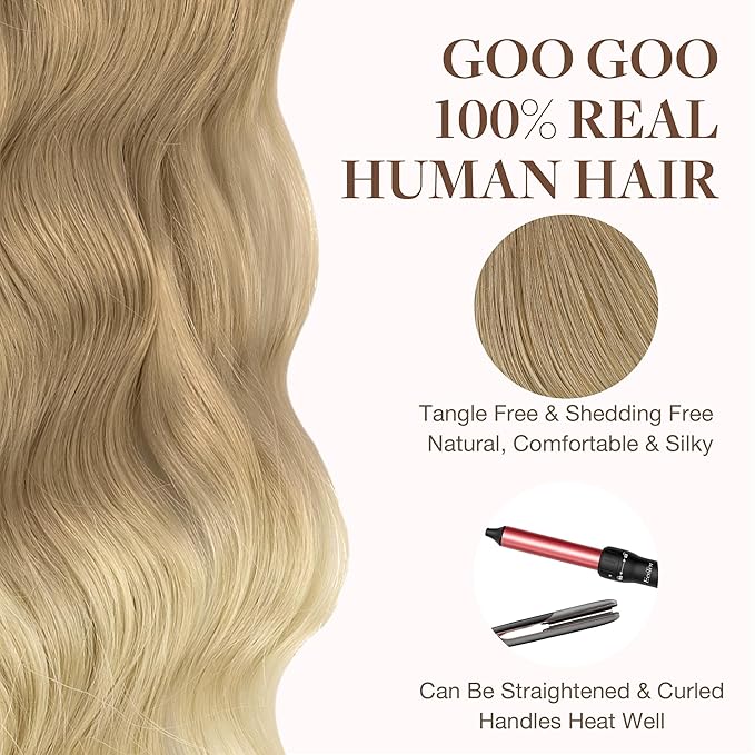 GOO GOO Tape in Hair Extensions Human Hair, O18G/22G(L) Golden Beige Blonde with Ash Highlights, 20inch 50g 20pcs, Skin Weft Seamless Invisible, Silky Straight with Thick Ends, Remy Human Hair