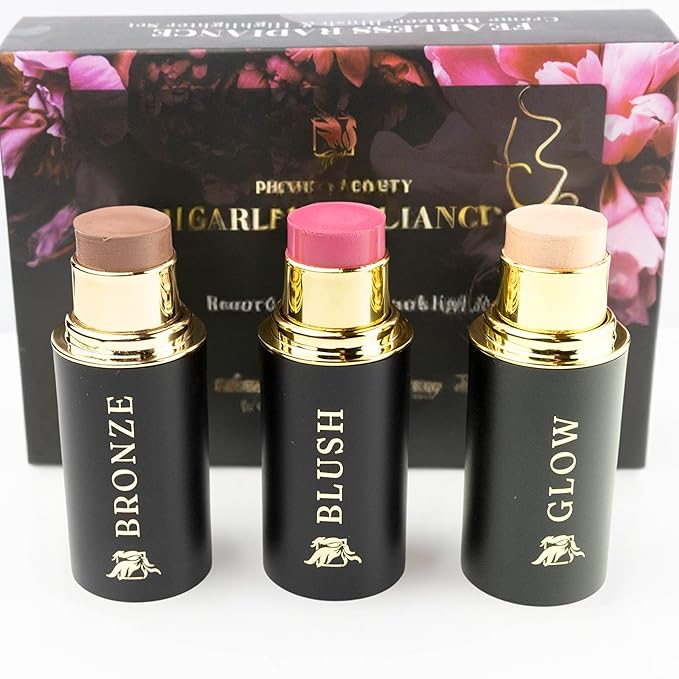 Phoenix Beauty Contour Trio with Cream Blush, Bronzer & Highlighter - Buildable, Pigmented Hydrating Formula with Shea Butter, Vitamin E, Hyaluronic Acid & Squalane; Gift Set (Twilight, Regular Trio)