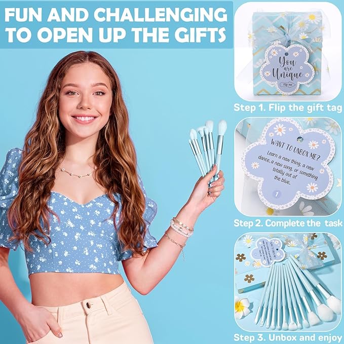 Valentines Day Gifts for Tween & Teen Girls - 8 PCS Birthday Gift Basket Teenage Girl Gifts Trendy Stuff w/ Fun Task Tags Makeup Brushes & Bag, Empower Positive Wrapped Gift Box for Daughter Niece