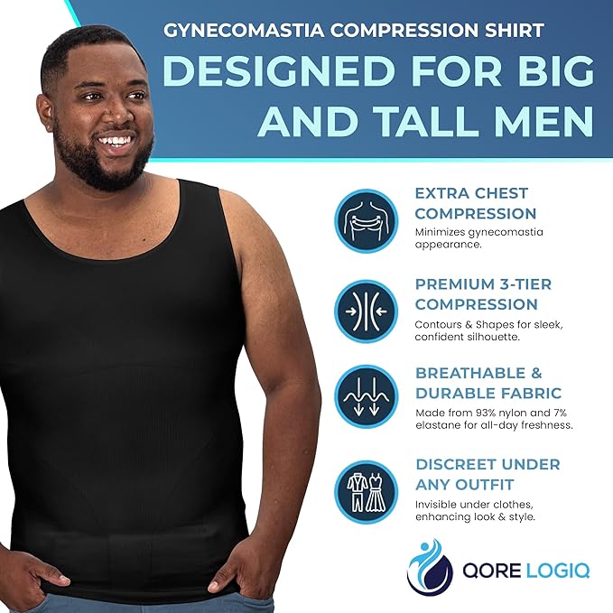 QORE LOGIQ Gynecomastia Compression Shirts for Men - Sleeveless Slimming Undershirts Tummy Control and Body Shaper Tank Top