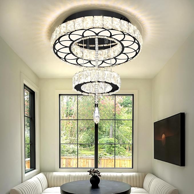 Flashing God Dia 16" Black Modern Crystal Chandeliers Flush Mount Chandelier Dimmable LED Light Crystal Ceiling Light for Hallway Bedroom Living Room Dining Room