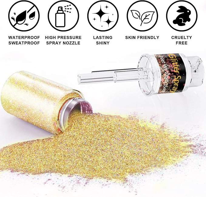 Hair and Body Glitter Spray, 1PC Glitter Hairspray Dry Powder Makeup for Clothes, Festival Rave Prom Loose Sparkle Powder,Holographic Ultra Fine Resin Glitters for Crafts (1PC Sparkling Gold)