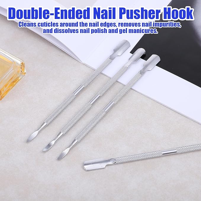 4 Pcs Nail Pusher and Remover Tool, Dual Head Mental Cuticle Pusher Set, Stainless Steel Manicure Pedicure Nail Care Tools, Nails Cleaner Tool Cuticle Pushers for Fingernails Toenails